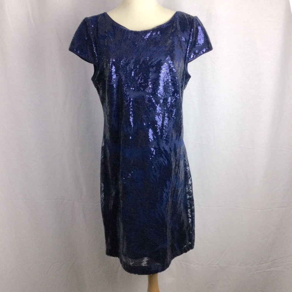 Vince Camuto Navy Blue Cocktail Dress with Sheer Sequined Overlay Sz 8
